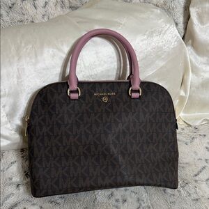 Michael Kors Brown MK Monogram Dome Satchel with Pink Handles